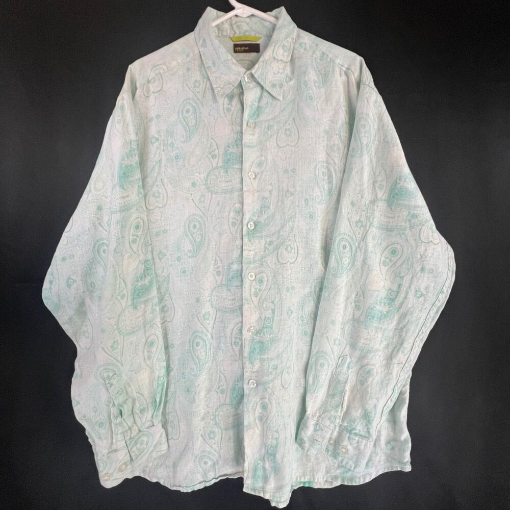 Havana Nines 100% Linen Paisley Button Dwn Shirt Mint Green White XL Long Sleeve